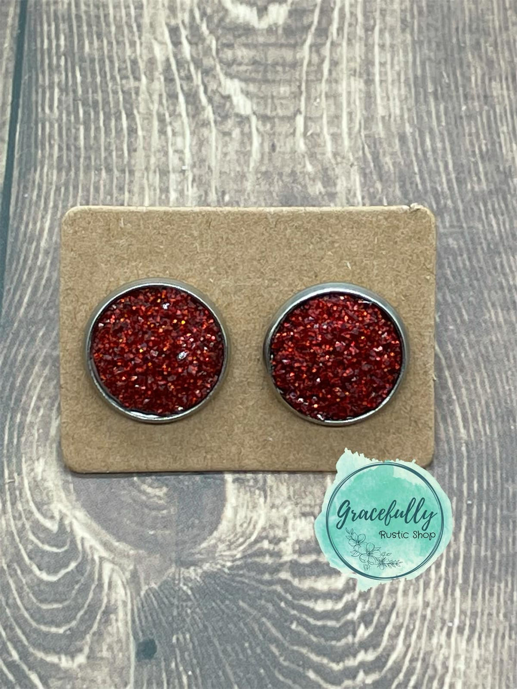 Red Druzy Stud Earrings