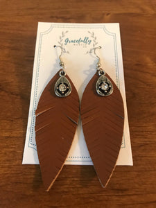 Leather Feather Earrings with Jewel Accent