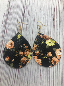 Orange Flower on Black Teardrop Earrings