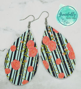 Teal & Peach Floral Faux Leather Earrings