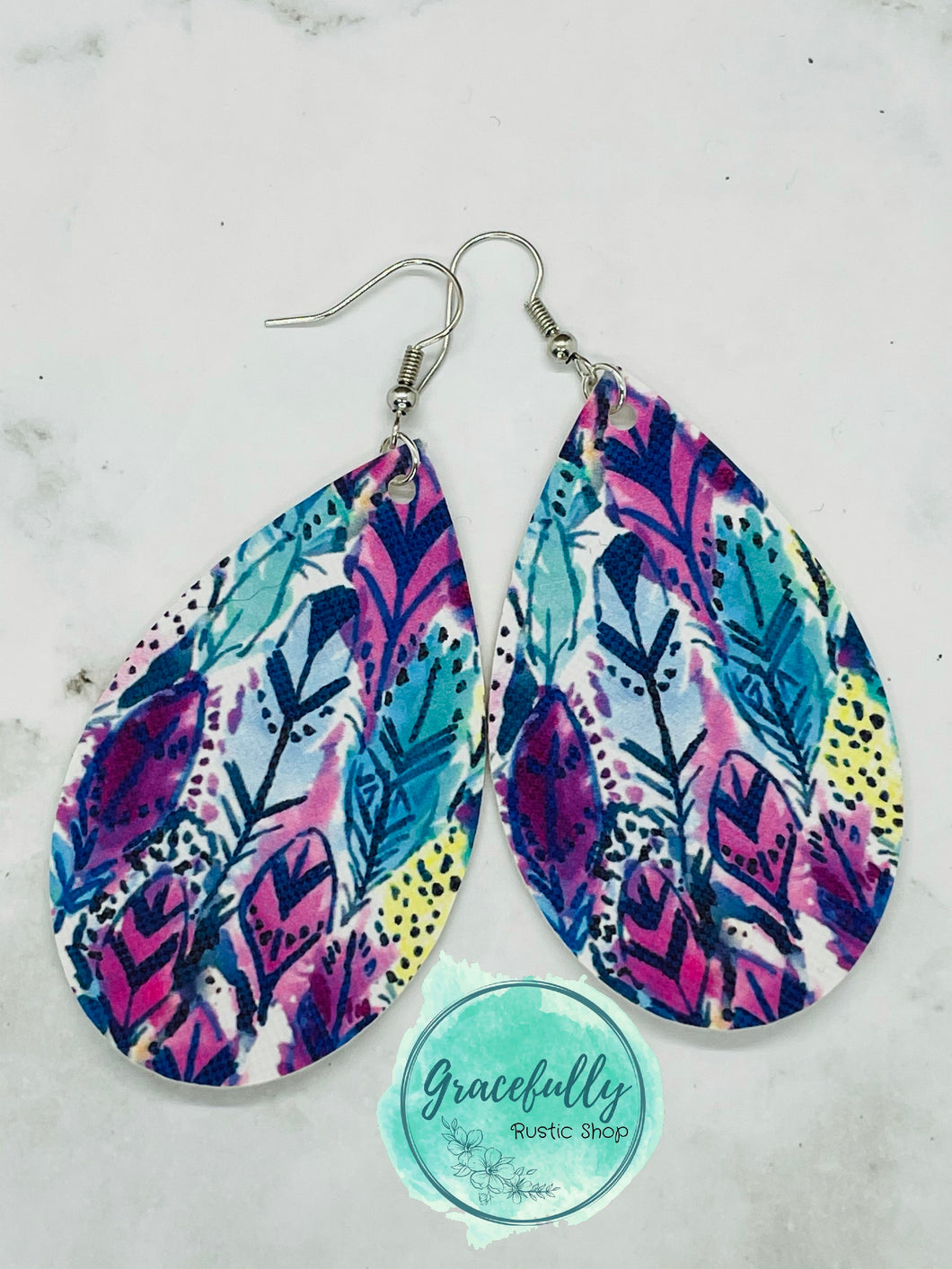 Peacock Purple Feathers Faux Leather Earrings